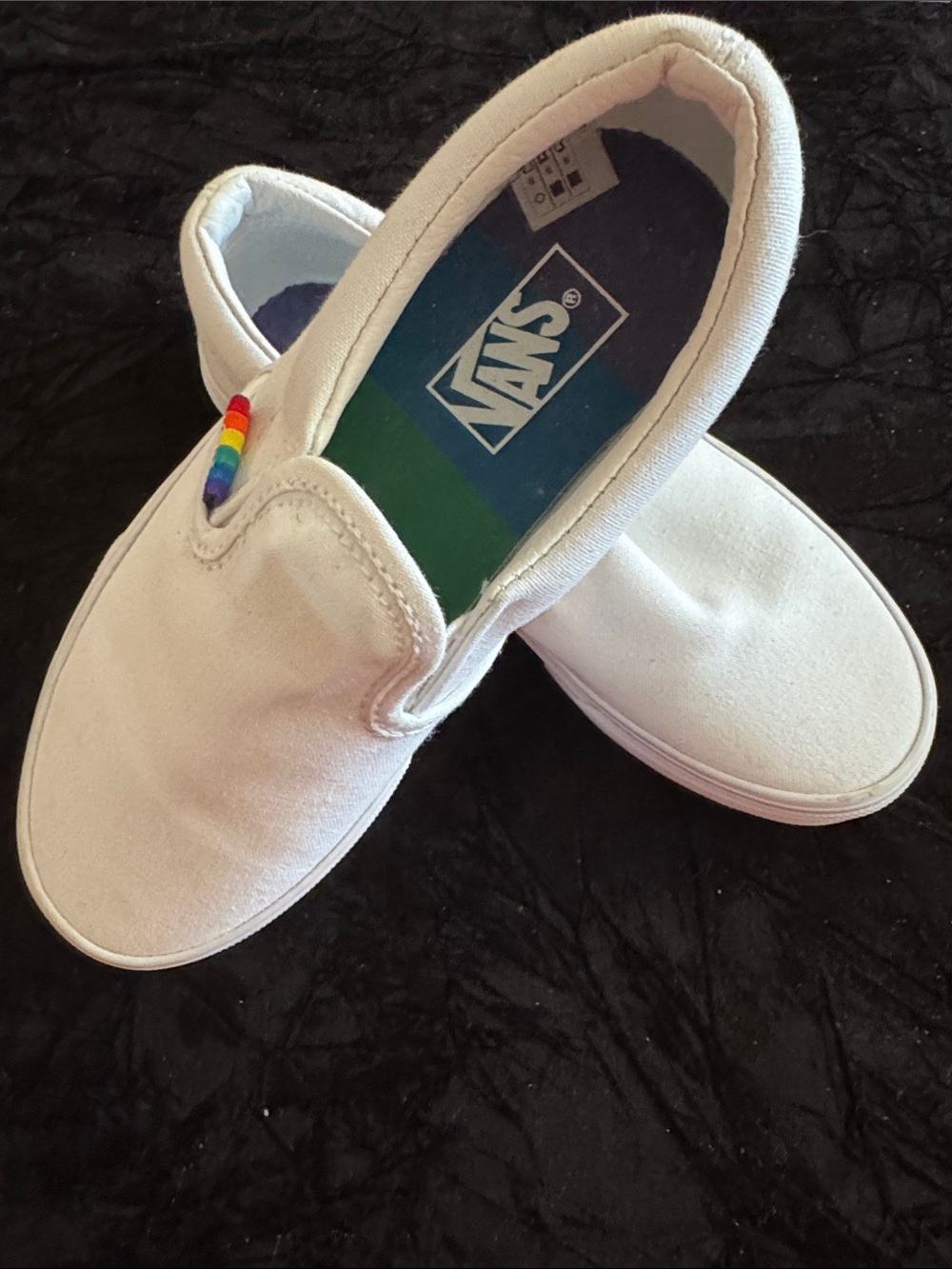 Vans Kids White Slip-On Canvas Sneakers with Rainbow Tab